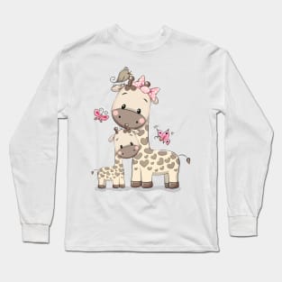 Mom giraffe and little giraffe cuddle Long Sleeve T-Shirt